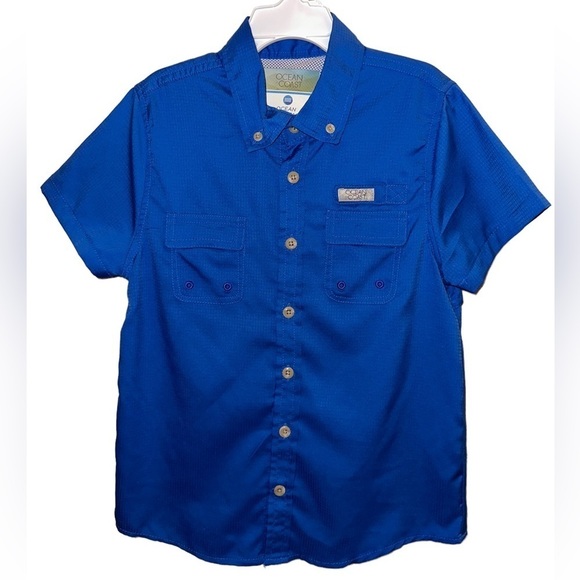Ocean + Coast Boys Fishing Button Shirt Blue Ship Boat Size 7 - Picture 1 of 5